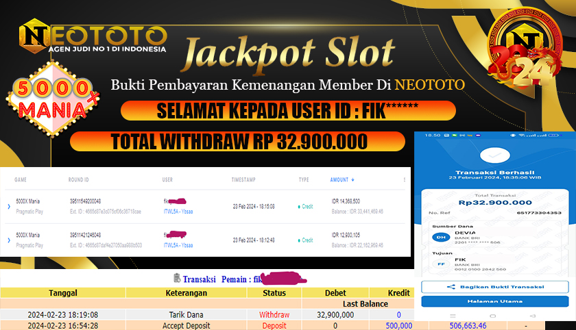 JACKPOT SLOT 5000X MANIA BERSAMA NEOTOTO – 32.900.000 LUNAS