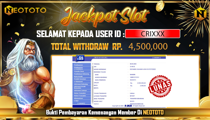 JACKPOT SLOT DARI MEMBER SETIA NEOTOTO HARI INI 08/03/2025 💸💸