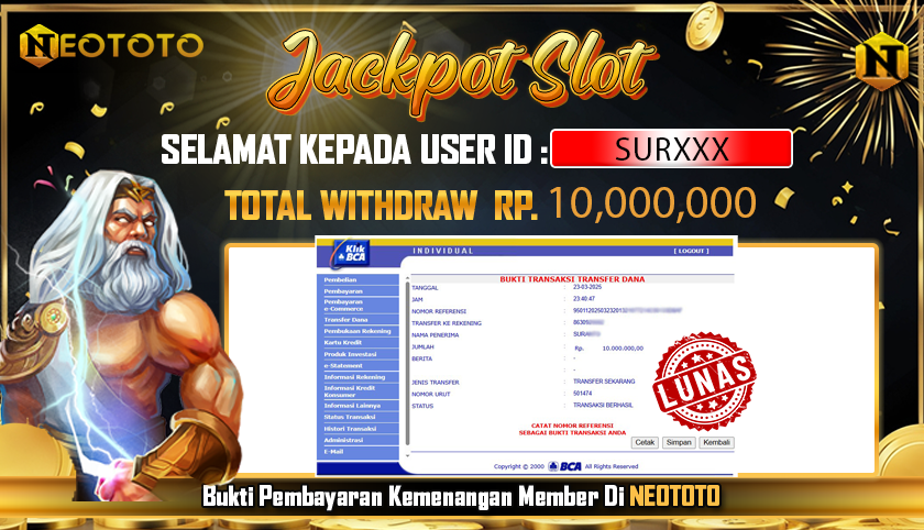 JACKPOT SLOT DARI MEMBER SETIA NEOTOTO HARI INI 23/03/2025 💸💸