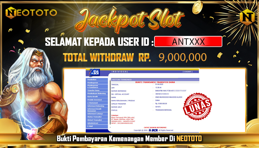 JACKPOT SLOT DARI MEMBER SETIA NEOTOTO HARI INI 01/04/2025 💸💸