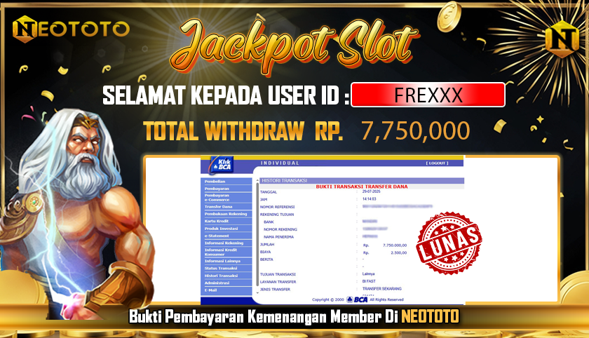 JACKPOT SLOT DARI MEMBER SETIA NEOTOTO HARI INI 29/07/2025 💸💸