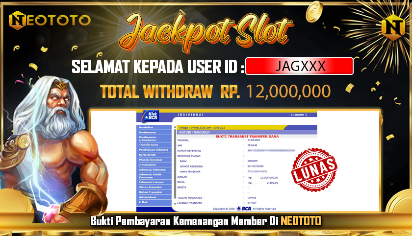 JACKPOT SLOT DARI MEMBER SETIA NEOTOTO HARI INI 07/08/2025 💸💸