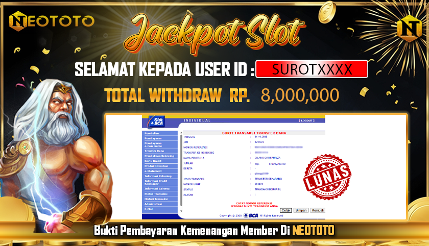 JACKPOT SLOT DARI MEMBER SETIA NEOTOTO HARI INI 31/10/2025 💸💸