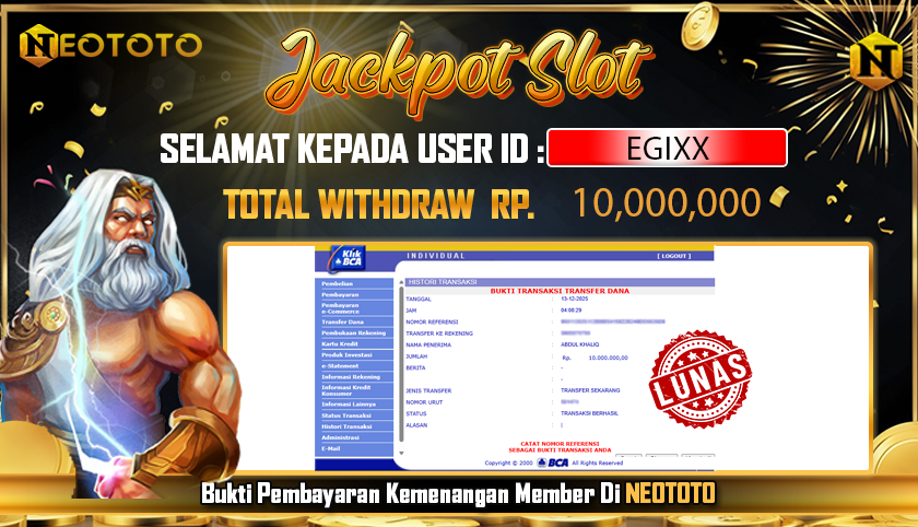 JACKPOT SLOT DARI MEMBER SETIA NEOTOTO HARI INI 13/12/2025 💸💸