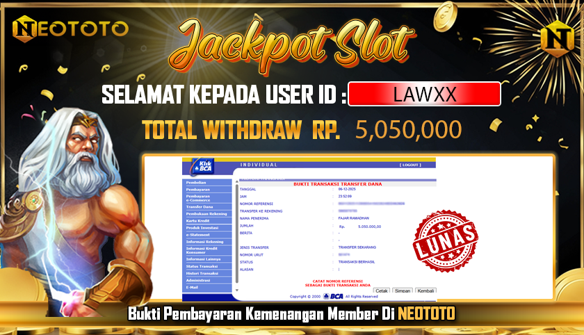 JACKPOT SLOT DARI MEMBER SETIA NEOTOTO HARI INI 06/12/2025 💸💸